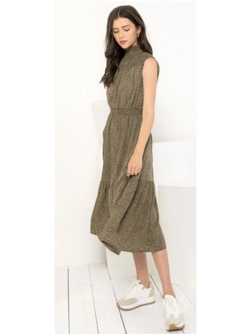 THML Smocked Neck Micro Leopard Print Tiered Midi Dress Medium Boho Trad Wife